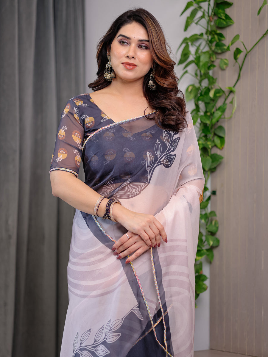 Grey & Ivory Abstract Printed Organza Saree with Multicolour Lace Border | Designer Lightweight Organza Saree with Attached Blouse Piece | Contemporary Festive Saree