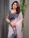 Grey & Ivory Abstract Printed Organza Saree with Multicolour Lace Border | Designer Lightweight Organza Saree with Attached Blouse Piece | Contemporary Festive Saree