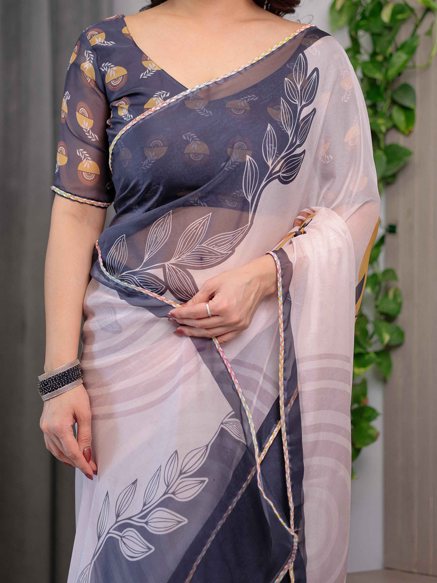 Grey & Ivory Abstract Printed Organza Saree with Multicolour Lace Border | Designer Lightweight Organza Saree with Attached Blouse Piece | Contemporary Festive Saree