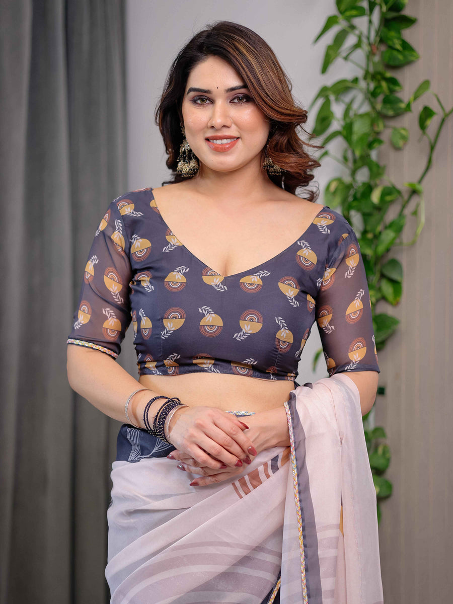 Grey & Ivory Abstract Printed Organza Saree with Multicolour Lace Border | Designer Lightweight Organza Saree with Attached Blouse Piece | Contemporary Festive Saree