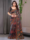 Black Printed Organza Saree with Floral & Traditional Motifs and Multicolour Lace Border | Designer Lightweight Organza Saree with Attached Blouse Piece | Festive & Party Wear Saree