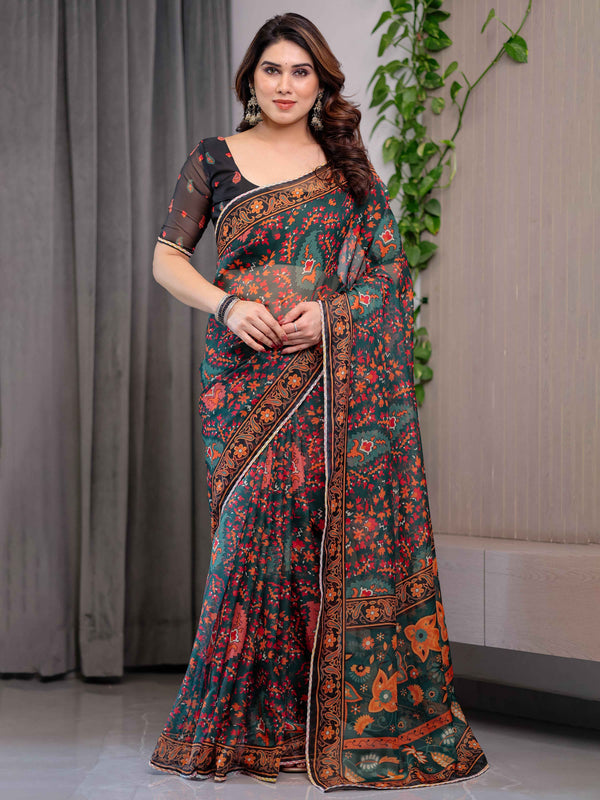Black Printed Organza Saree with Floral & Traditional Motifs and Multicolour Lace Border | Designer Lightweight Organza Saree with Attached Blouse Piece | Festive & Party Wear Saree