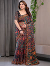 Black Printed Organza Saree with Floral & Traditional Motifs and Multicolour Lace Border | Designer Lightweight Organza Saree with Attached Blouse Piece | Festive & Party Wear Saree