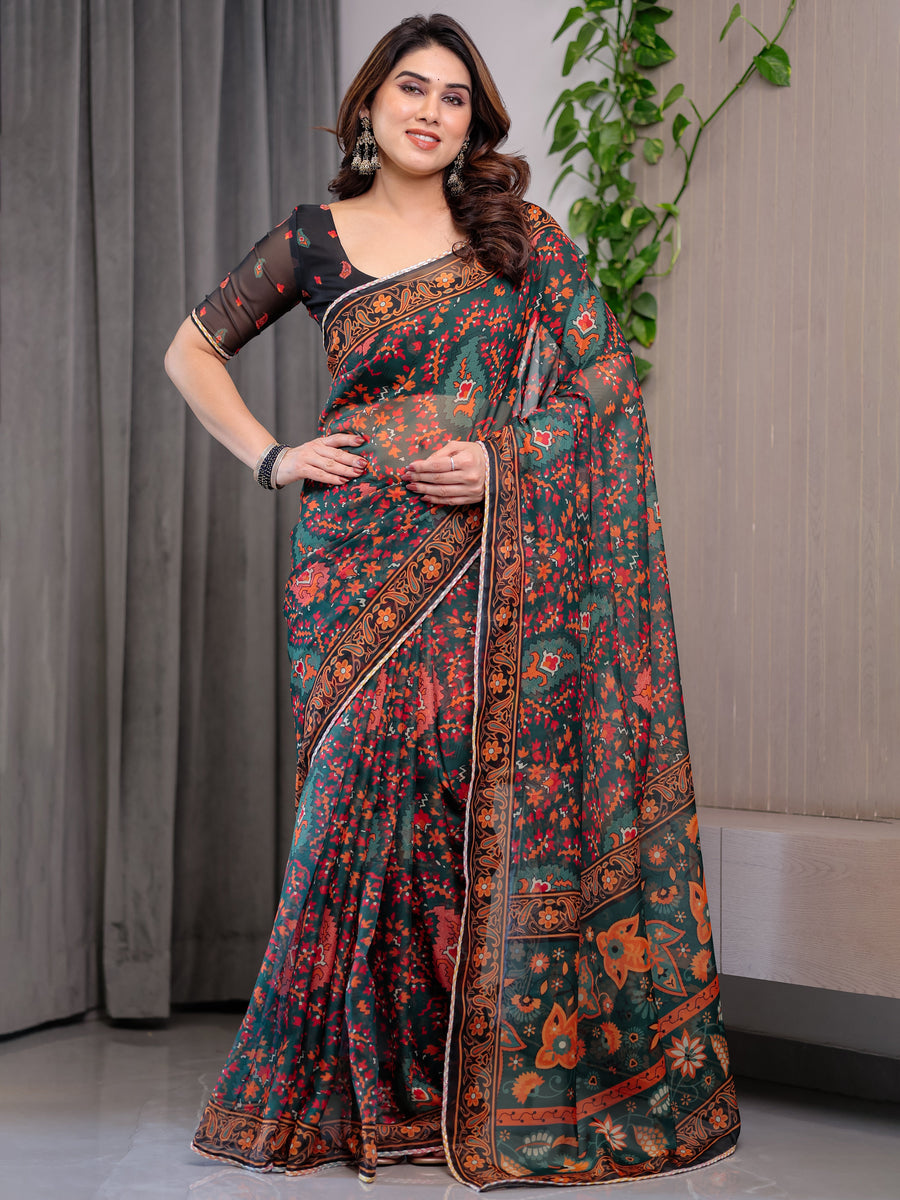 Black Printed Organza Saree with Floral & Traditional Motifs and Multicolour Lace Border | Designer Lightweight Organza Saree with Attached Blouse Piece | Festive & Party Wear Saree