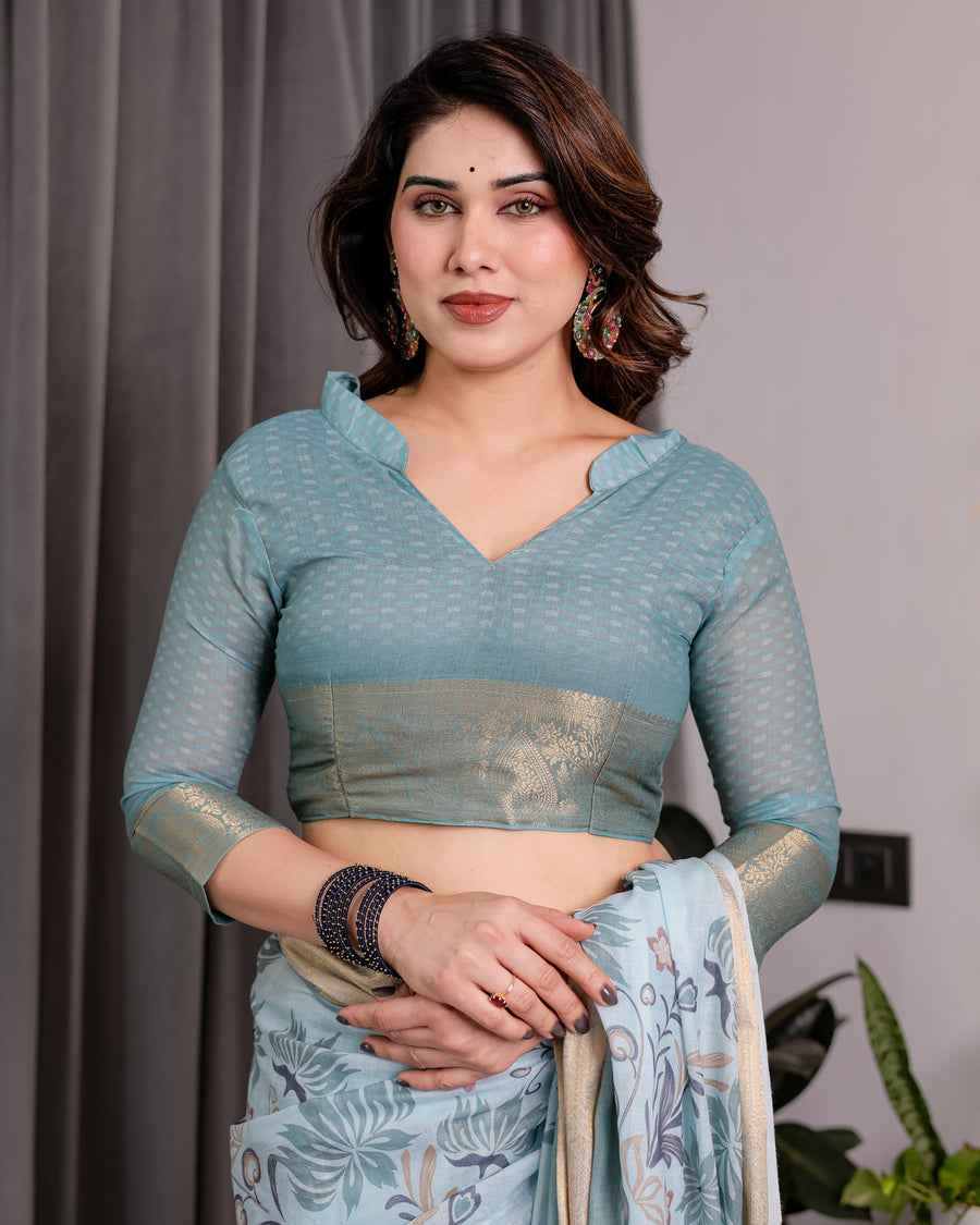 Pastel Aqua Blue Handloom Linen Saree with Peacock & Floral Digital Print, Zari Border & Tassel Pallu | 5.5m Saree + 0.8m Blouse