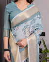 Pastel Aqua Blue Handloom Linen Saree with Peacock & Floral Digital Print, Zari Border & Tassel Pallu | 5.5m Saree + 0.8m Blouse