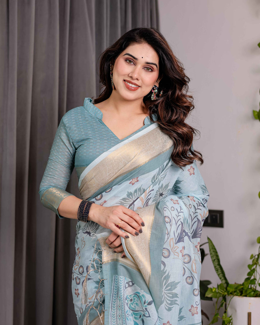 Pastel Aqua Blue Handloom Linen Saree with Peacock & Floral Digital Print, Zari Border & Tassel Pallu | 5.5m Saree + 0.8m Blouse