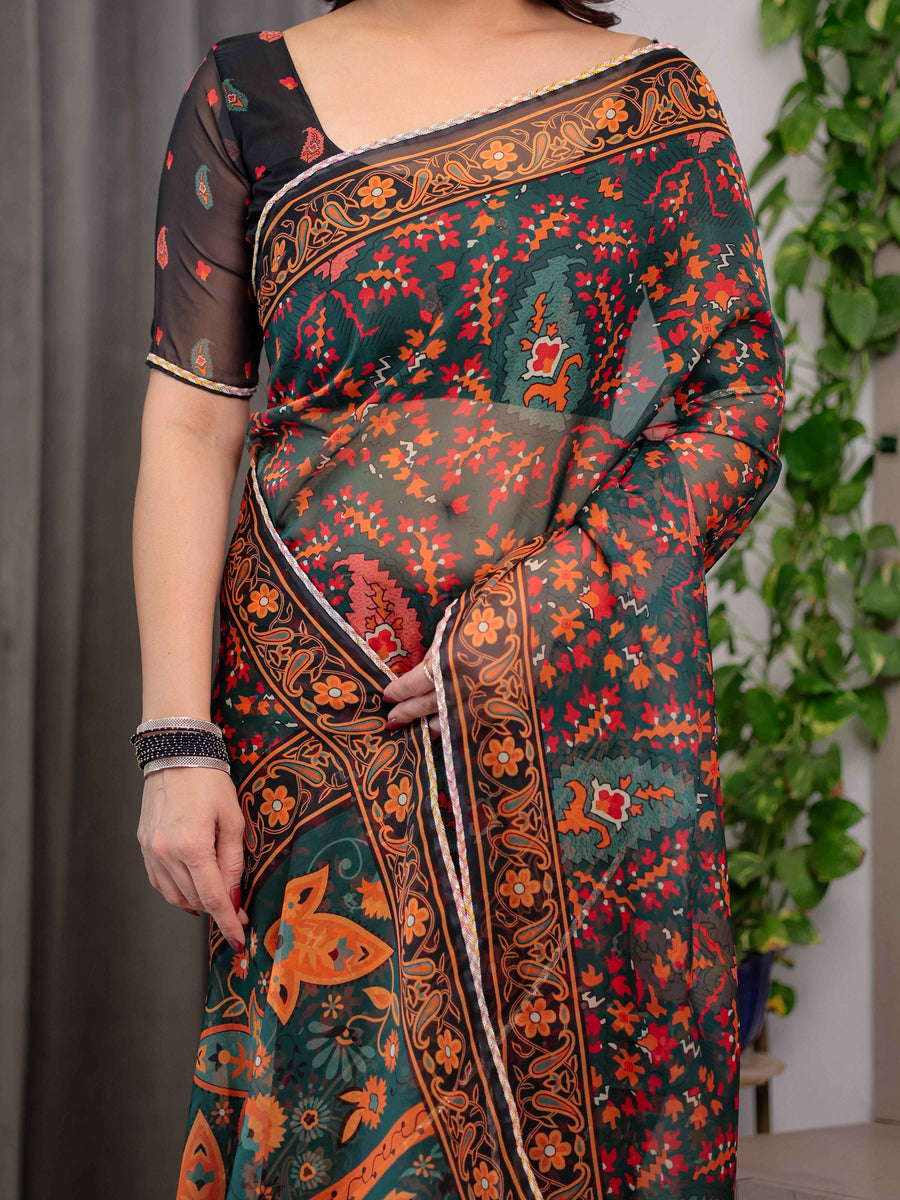 Black Printed Organza Saree with Floral & Traditional Motifs and Multicolour Lace Border | Designer Lightweight Organza Saree with Attached Blouse Piece | Festive & Party Wear Saree
