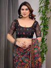Black Printed Organza Saree with Floral & Traditional Motifs and Multicolour Lace Border | Designer Lightweight Organza Saree with Attached Blouse Piece | Festive & Party Wear Saree