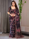 Black Floral Printed Organza Saree with Ethnic Border & Ornamental Pallu | Designer Sheer Organza Saree with Traditional Motifs & Blouse Piece | Festive & Party Wear Saree