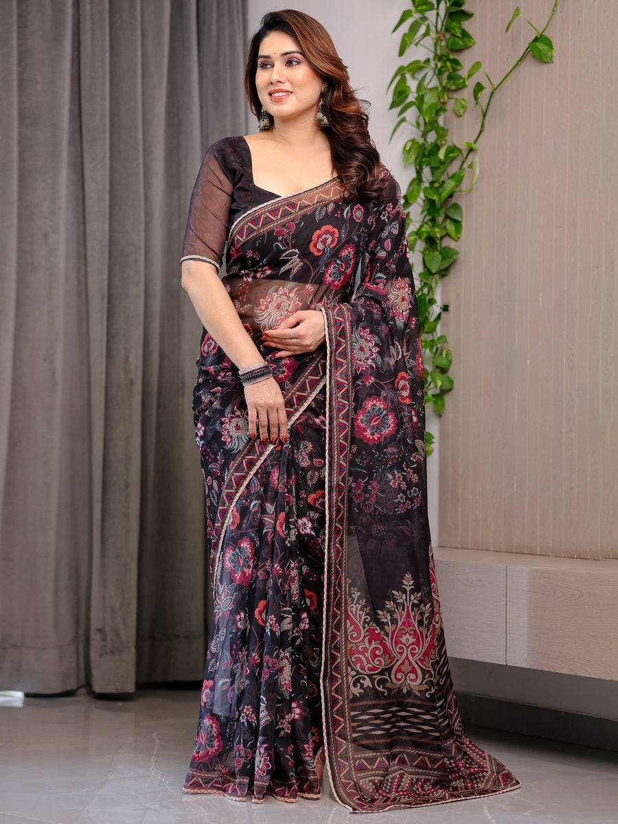 Black Floral Printed Organza Saree with Ethnic Border & Ornamental Pallu | Designer Sheer Organza Saree with Traditional Motifs & Blouse Piece | Festive & Party Wear Saree