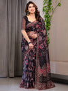 Black Floral Printed Organza Saree with Ethnic Border & Ornamental Pallu | Designer Sheer Organza Saree with Traditional Motifs & Blouse Piece | Festive & Party Wear Saree