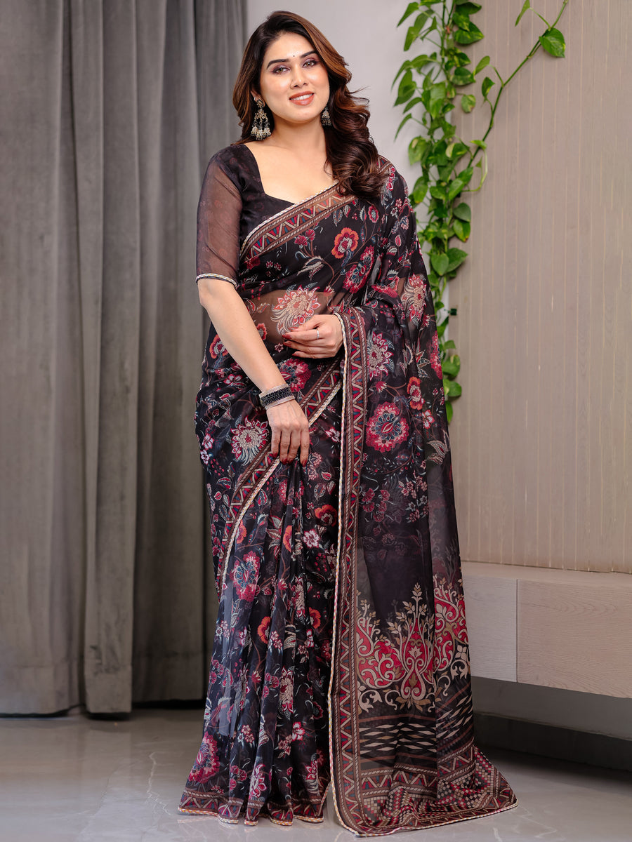 Black Floral Printed Organza Saree with Ethnic Border & Ornamental Pallu | Designer Sheer Organza Saree with Traditional Motifs & Blouse Piece | Festive & Party Wear Saree