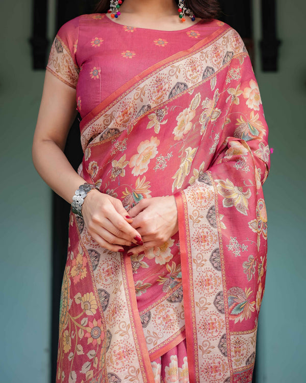 Rosy Pink with Intricate Floral Motifs Linen Cotton Handloom Printed Saree, Peacock Pallu, and Tassels