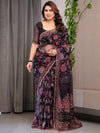 Black Floral Printed Organza Saree with Ethnic Border & Ornamental Pallu | Designer Sheer Organza Saree with Traditional Motifs & Blouse Piece | Festive & Party Wear Saree