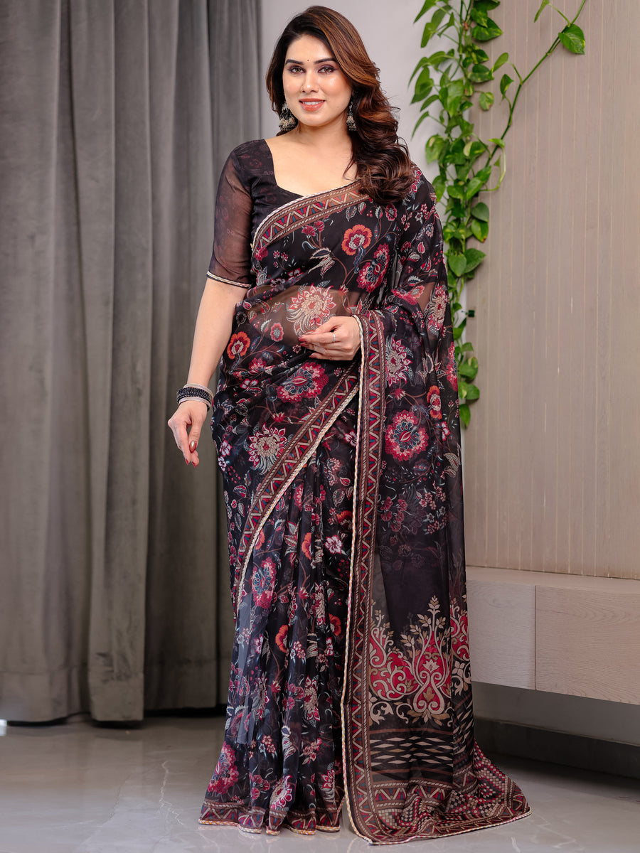 Black Floral Printed Organza Saree with Ethnic Border & Ornamental Pallu | Designer Sheer Organza Saree with Traditional Motifs & Blouse Piece | Festive & Party Wear Saree