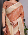 Rust Brown Handloom Linen Saree with White Floral Print, Zari Border & Tassel Pallu | 5.5m Saree + 0.8m Blouse