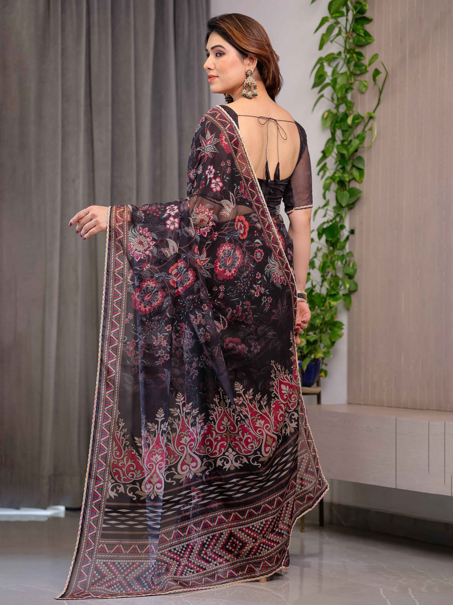 Black Floral Printed Organza Saree with Ethnic Border & Ornamental Pallu | Designer Sheer Organza Saree with Traditional Motifs & Blouse Piece | Festive & Party Wear Saree