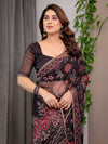 Black Floral Printed Organza Saree with Ethnic Border & Ornamental Pallu | Designer Sheer Organza Saree with Traditional Motifs & Blouse Piece | Festive & Party Wear Saree