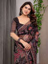 Black Floral Printed Organza Saree with Ethnic Border & Ornamental Pallu | Designer Sheer Organza Saree with Traditional Motifs & Blouse Piece | Festive & Party Wear Saree