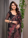 Black Floral Printed Organza Saree with Ethnic Border & Ornamental Pallu | Designer Sheer Organza Saree with Traditional Motifs & Blouse Piece | Festive & Party Wear Saree