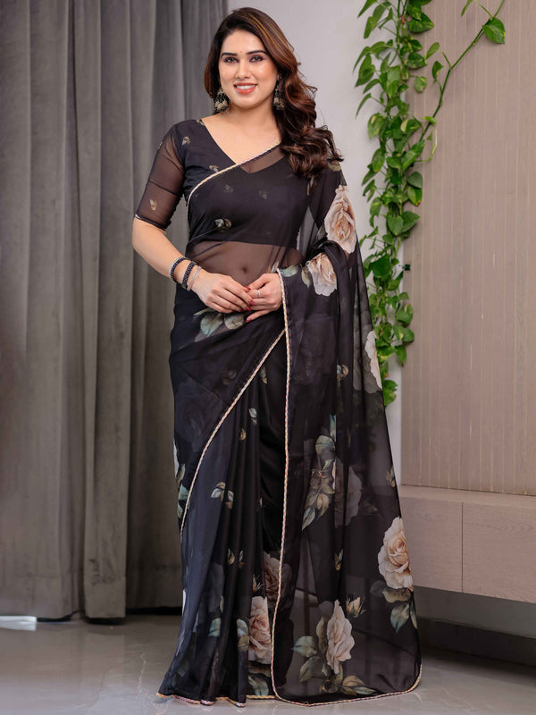 Black Floral Printed Organza Saree with Rose Motifs | Lightweight Designer Sheer Saree with Attached Blouse Piece | Party Wear & Evening Ethnic Saree