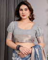 Slate Blue Handloom Linen Saree with Ivory Floral Print & Zigzag Pallu | Zari Border | 5.5m Saree + 0.8m Blouse