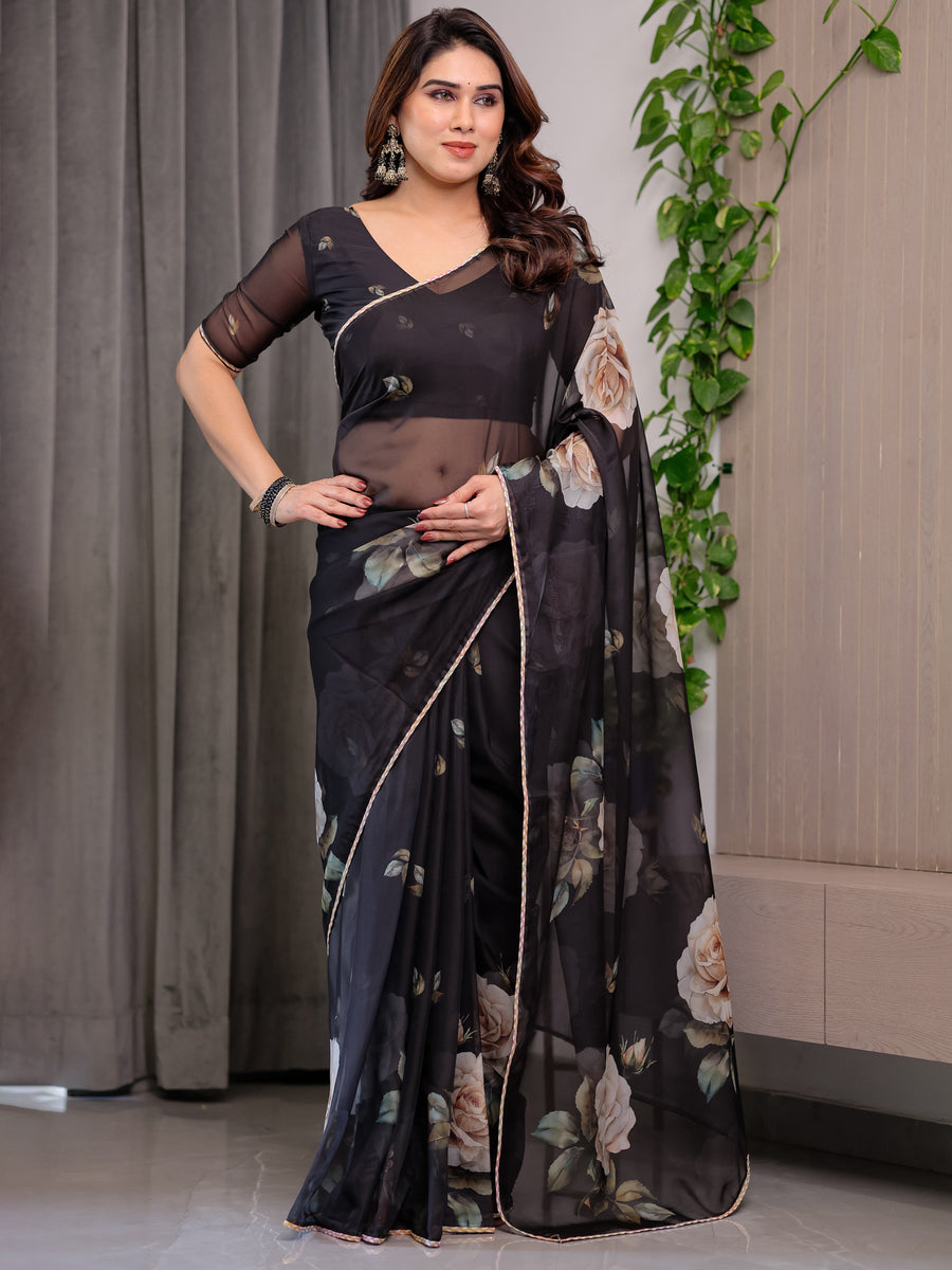 Black Floral Printed Organza Saree with Rose Motifs | Lightweight Designer Sheer Saree with Attached Blouse Piece | Party Wear & Evening Ethnic Saree
