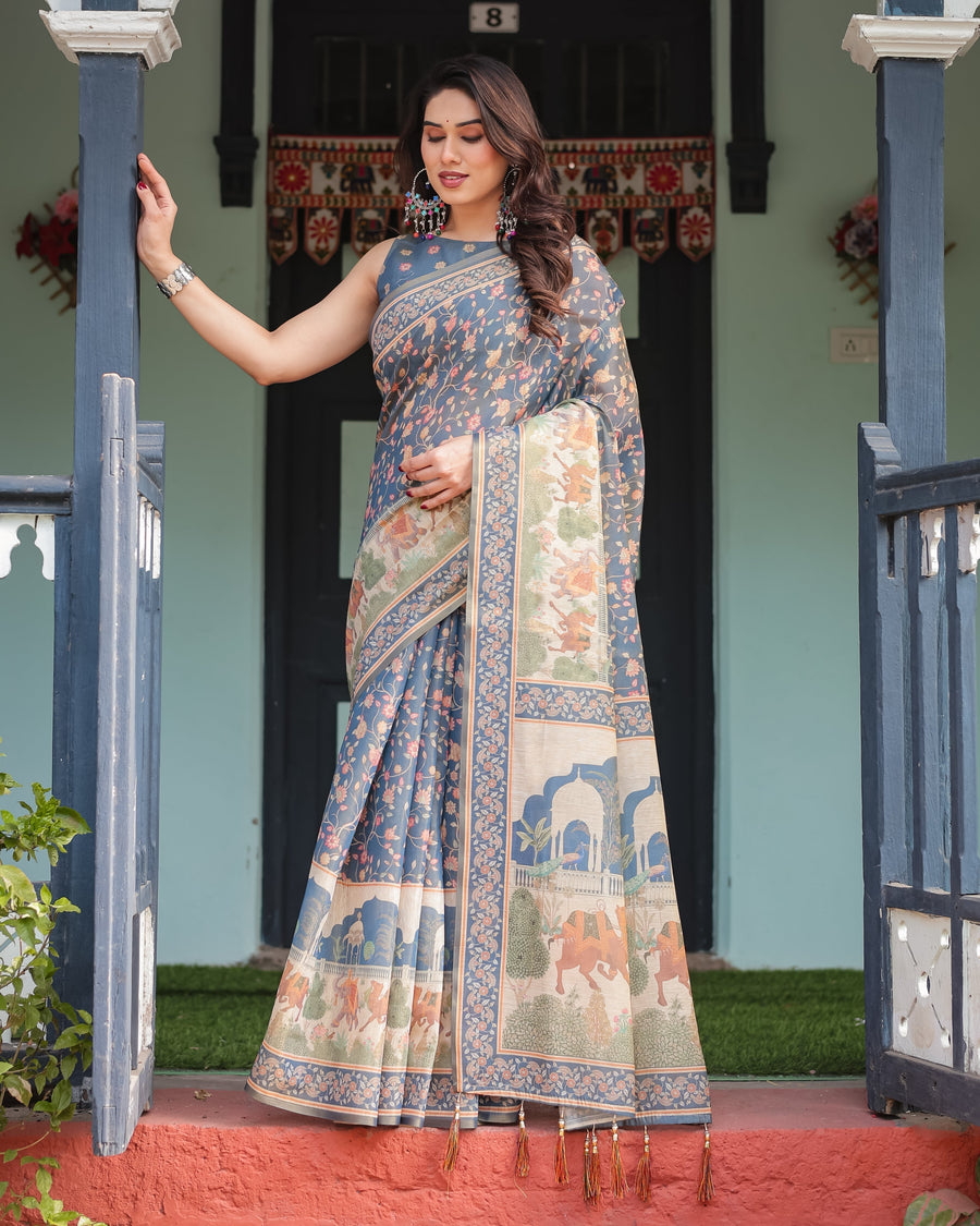 Steel Blue with Floral Patterns Linen Cotton Handloom Printed Saree, Heritage-Inspired Pallu, and Tassels