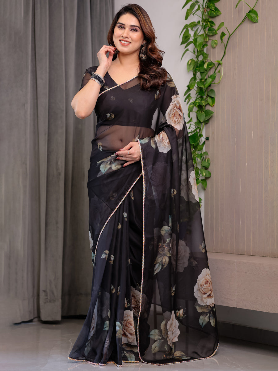 Black Floral Printed Organza Saree with Rose Motifs | Lightweight Designer Sheer Saree with Attached Blouse Piece | Party Wear & Evening Ethnic Saree