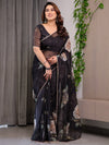 Black Floral Printed Organza Saree with Rose Motifs | Lightweight Designer Sheer Saree with Attached Blouse Piece | Party Wear & Evening Ethnic Saree