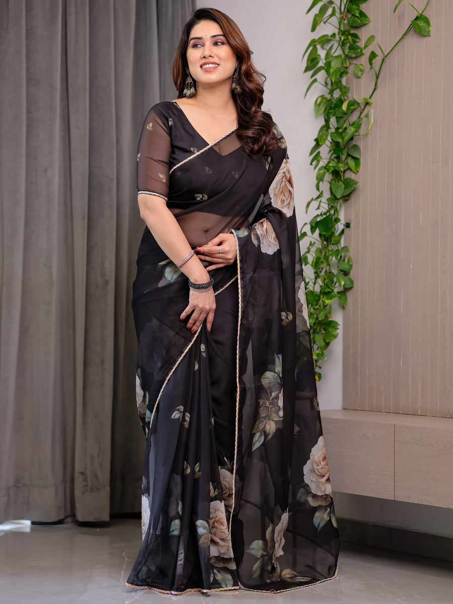 Black Floral Printed Organza Saree with Rose Motifs | Lightweight Designer Sheer Saree with Attached Blouse Piece | Party Wear & Evening Ethnic Saree