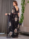 Black Floral Printed Organza Saree with Rose Motifs | Lightweight Designer Sheer Saree with Attached Blouse Piece | Party Wear & Evening Ethnic Saree