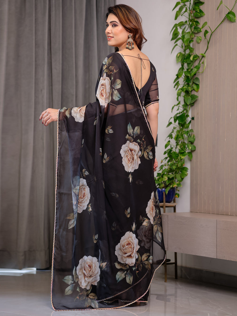 Black Floral Printed Organza Saree with Rose Motifs | Lightweight Designer Sheer Saree with Attached Blouse Piece | Party Wear & Evening Ethnic Saree