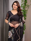 Black Floral Printed Organza Saree with Rose Motifs | Lightweight Designer Sheer Saree with Attached Blouse Piece | Party Wear & Evening Ethnic Saree