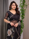 Black Floral Printed Organza Saree with Rose Motifs | Lightweight Designer Sheer Saree with Attached Blouse Piece | Party Wear & Evening Ethnic Saree