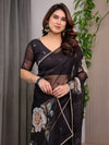 Black Floral Printed Organza Saree with Rose Motifs | Lightweight Designer Sheer Saree with Attached Blouse Piece | Party Wear & Evening Ethnic Saree