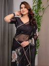 Black Floral Printed Organza Saree with Rose Motifs | Lightweight Designer Sheer Saree with Attached Blouse Piece | Party Wear & Evening Ethnic Saree