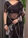 Black Floral Printed Organza Saree with Rose Motifs | Lightweight Designer Sheer Saree with Attached Blouse Piece | Party Wear & Evening Ethnic Saree
