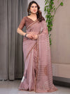 Dusty Rose Geometric Printed Organza Saree with Multicolour Lace Border | Designer Lightweight Organza Saree with Attached Blouse Piece | Contemporary Festive Saree