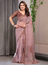 Dusty Rose Geometric Printed Organza Saree with Multicolour Lace Border | Designer Lightweight Organza Saree with Attached Blouse Piece | Contemporary Festive Saree