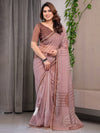 Dusty Rose Geometric Printed Organza Saree with Multicolour Lace Border | Designer Lightweight Organza Saree with Attached Blouse Piece | Contemporary Festive Saree