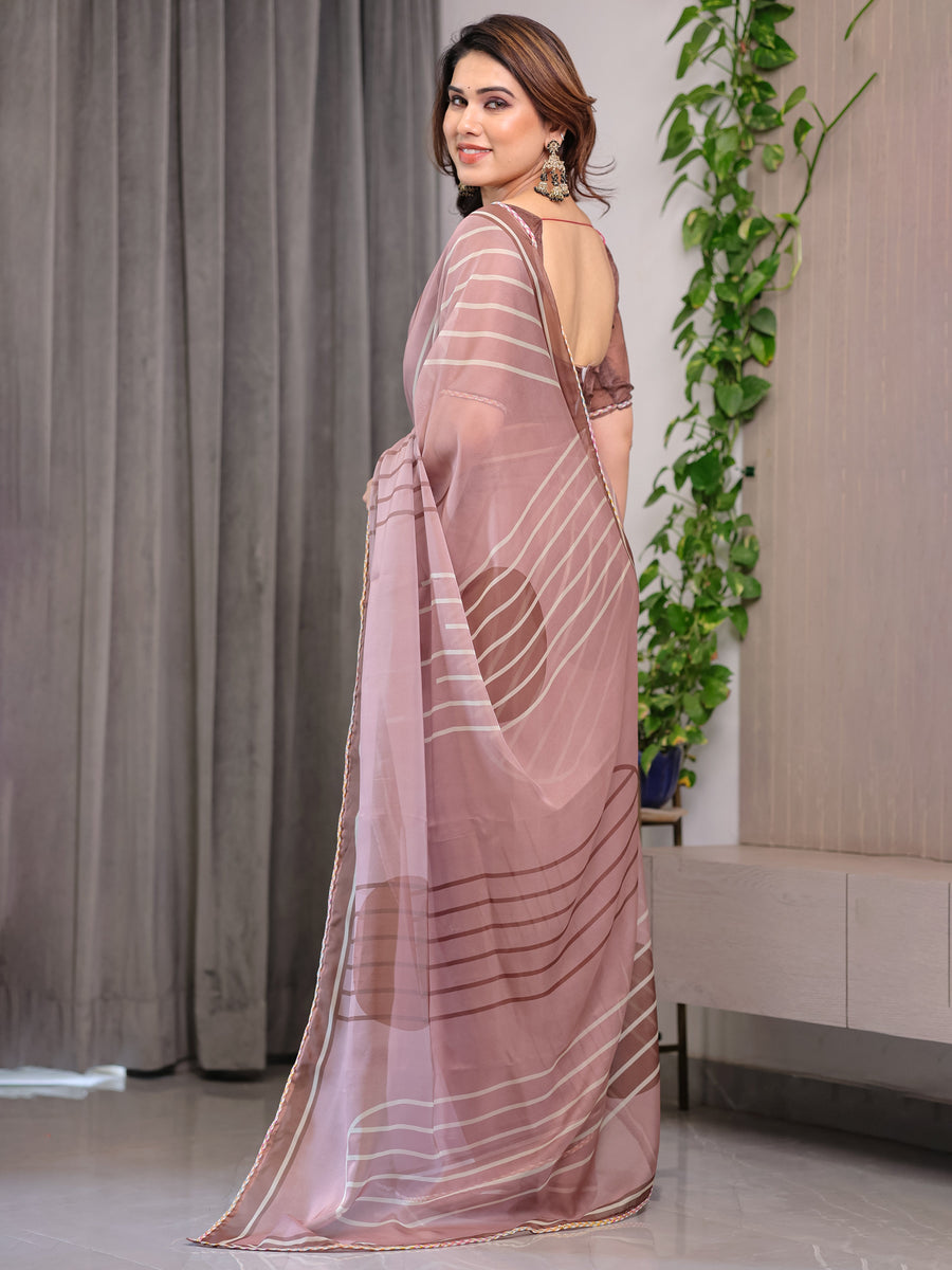 Dusty Rose Geometric Printed Organza Saree with Multicolour Lace Border | Designer Lightweight Organza Saree with Attached Blouse Piece | Contemporary Festive Saree