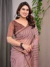 Dusty Rose Geometric Printed Organza Saree with Multicolour Lace Border | Designer Lightweight Organza Saree with Attached Blouse Piece | Contemporary Festive Saree
