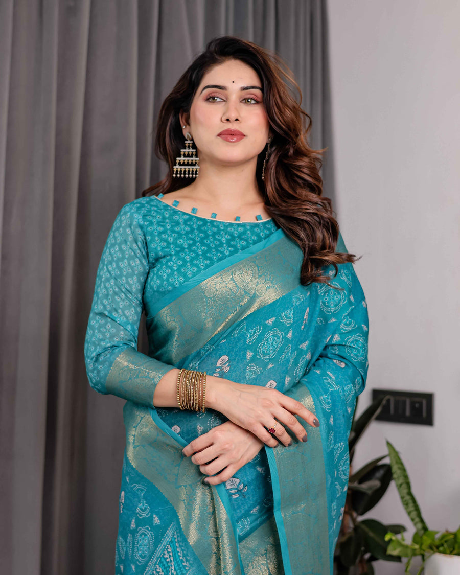 Teal Blue Handloom Linen Printed Saree with Rose Motifs & Zari Border | Pallu with Buttis & Tassels | 5.5m Saree + 0.8m Blouse
