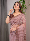 Dusty Rose Geometric Printed Organza Saree with Multicolour Lace Border | Designer Lightweight Organza Saree with Attached Blouse Piece | Contemporary Festive Saree