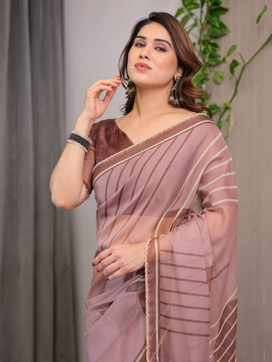 Dusty Rose Geometric Printed Organza Saree with Multicolour Lace Border | Designer Lightweight Organza Saree with Attached Blouse Piece | Contemporary Festive Saree