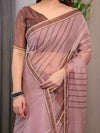 Dusty Rose Geometric Printed Organza Saree with Multicolour Lace Border | Designer Lightweight Organza Saree with Attached Blouse Piece | Contemporary Festive Saree