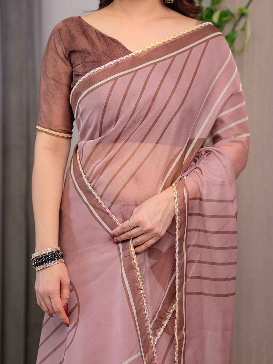 Dusty Rose Geometric Printed Organza Saree with Multicolour Lace Border | Designer Lightweight Organza Saree with Attached Blouse Piece | Contemporary Festive Saree