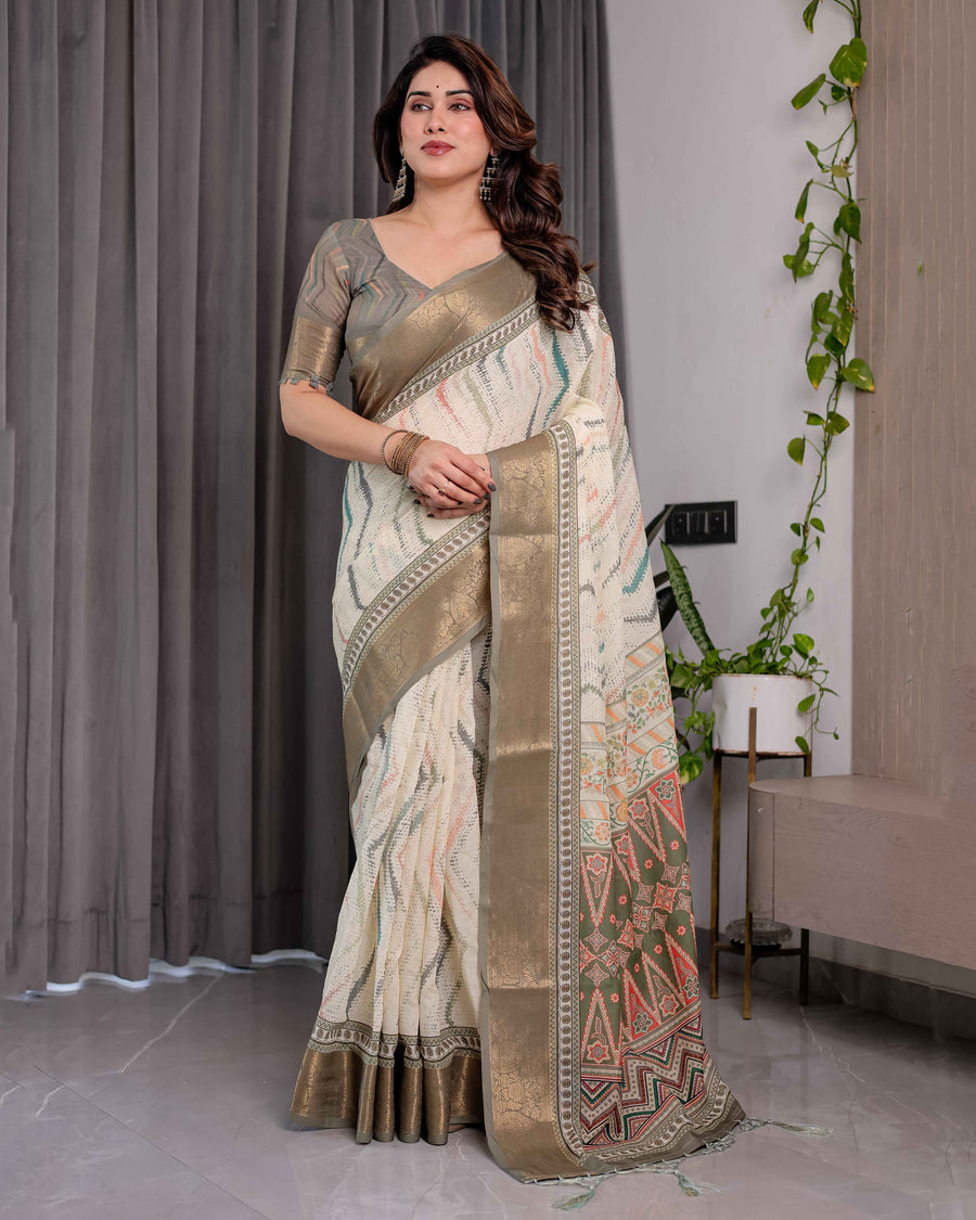 Cream & Gold Woven Ikat Silk Saree with Designer Border With Tassles
